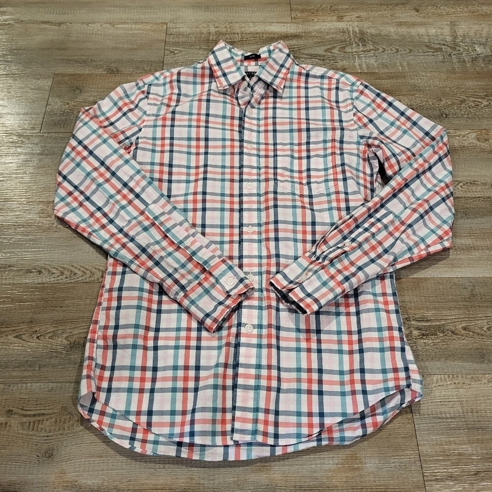 J.Crew Button Down Shirt Flex Washed Slim Fit Pink Plaid Casual Mens Size Small